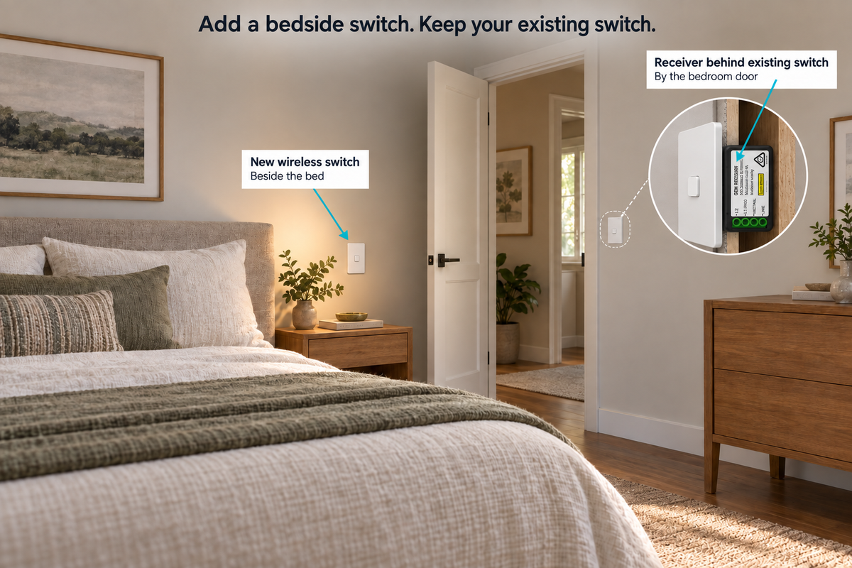 Bedroom example: a new wireless switch beside the bed and a cutaway showing the receiver behind the original switch by the door.